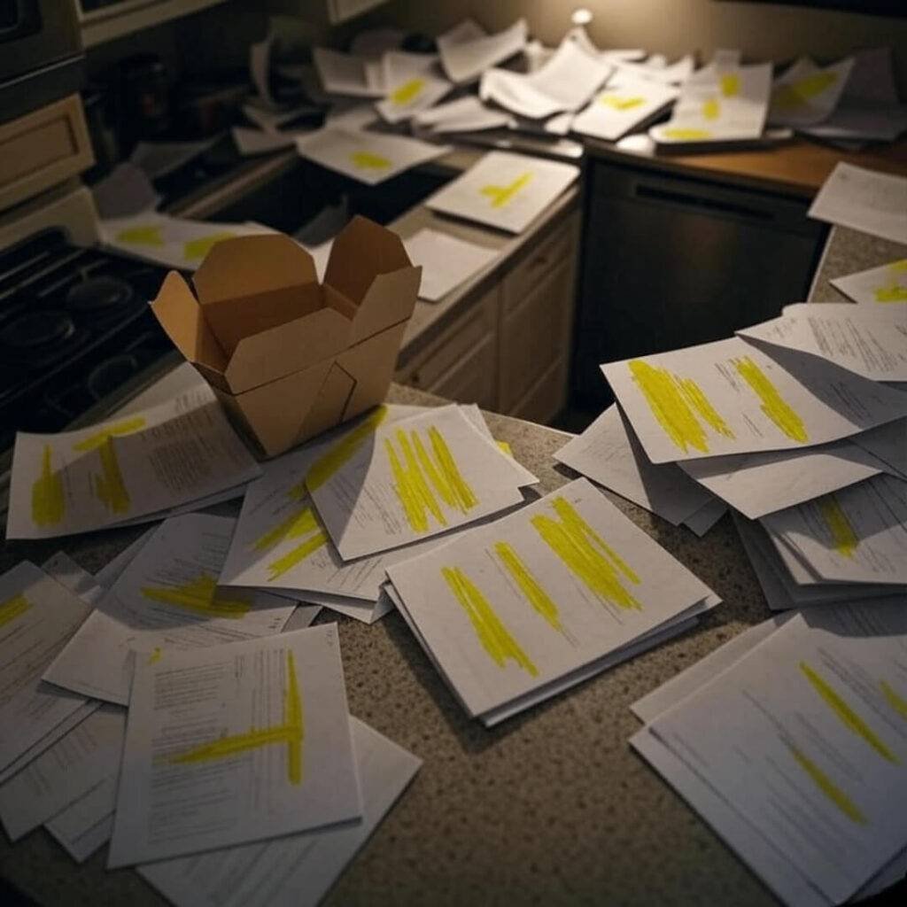 Midnight war room for filing that restraining order—total disaster zone.