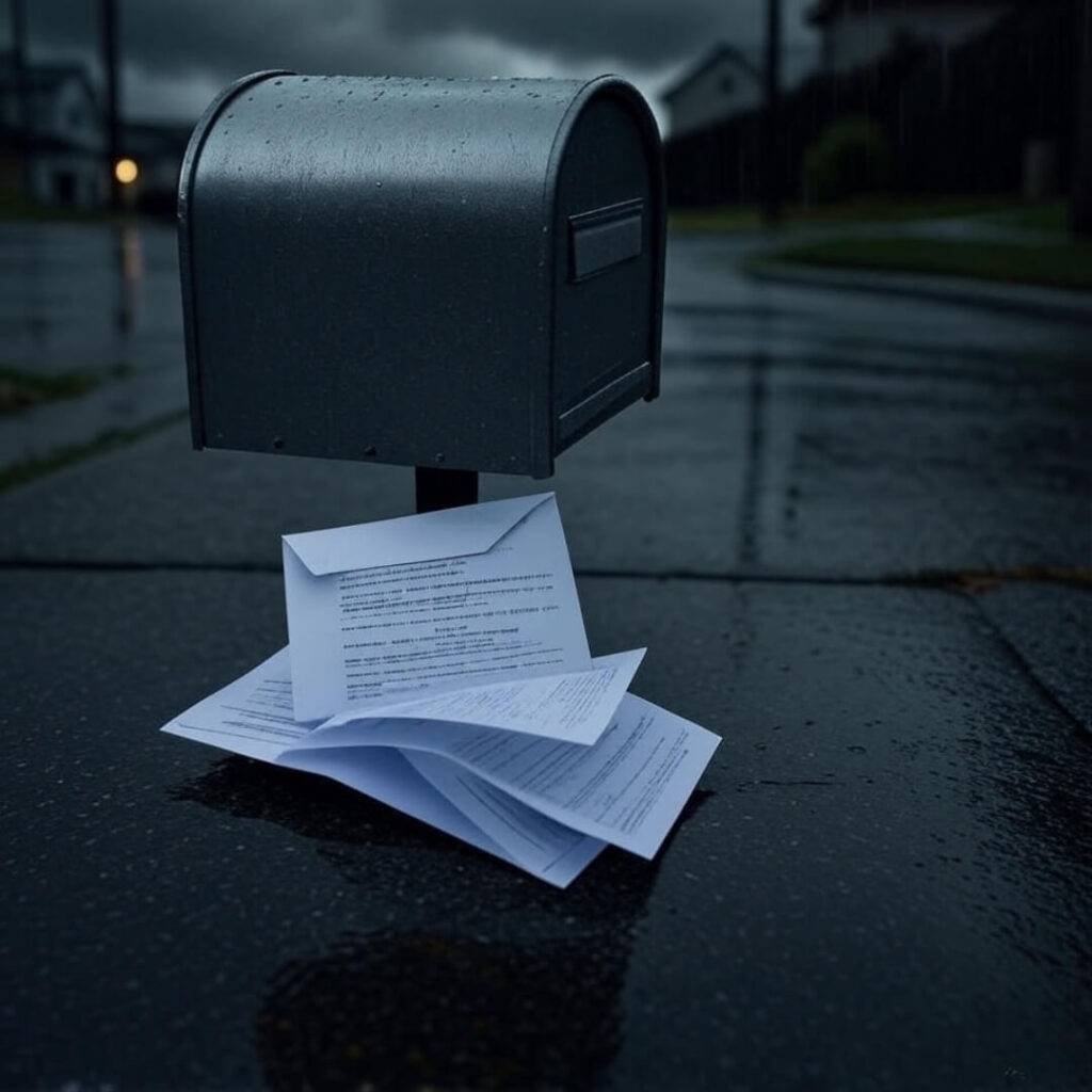 Mailbox, legal letters, wet pavement, stormy gray.