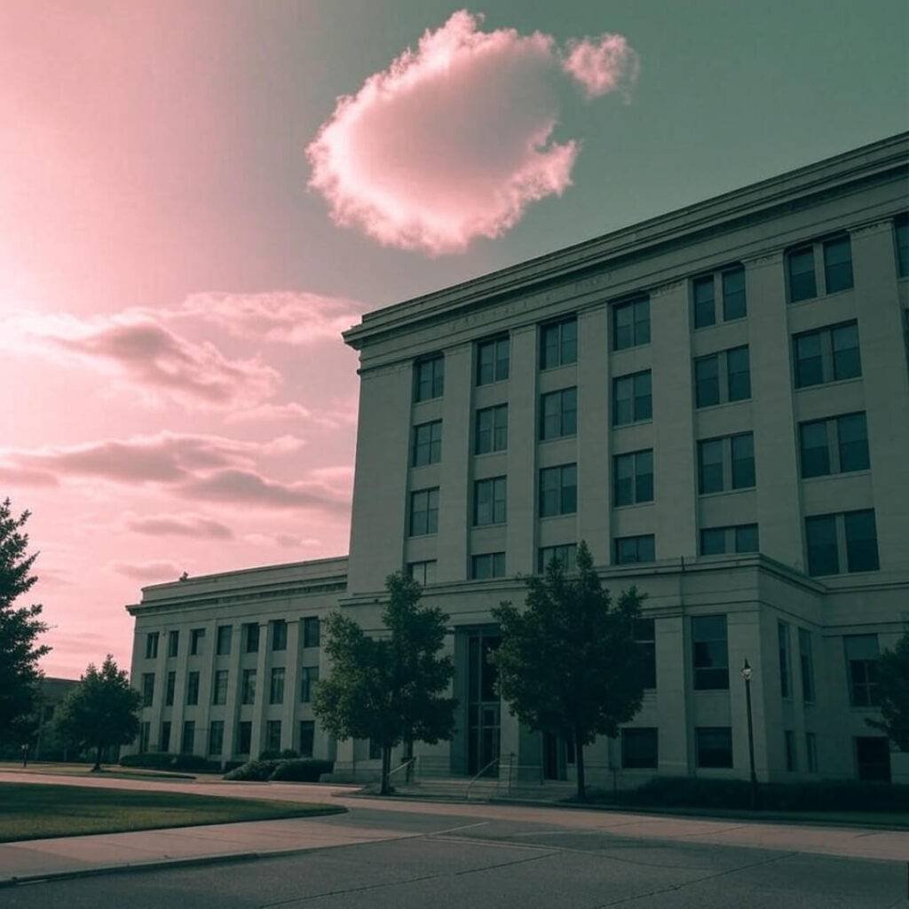 Wonky courthouse photo with trippy cloud, greens, and pinks.