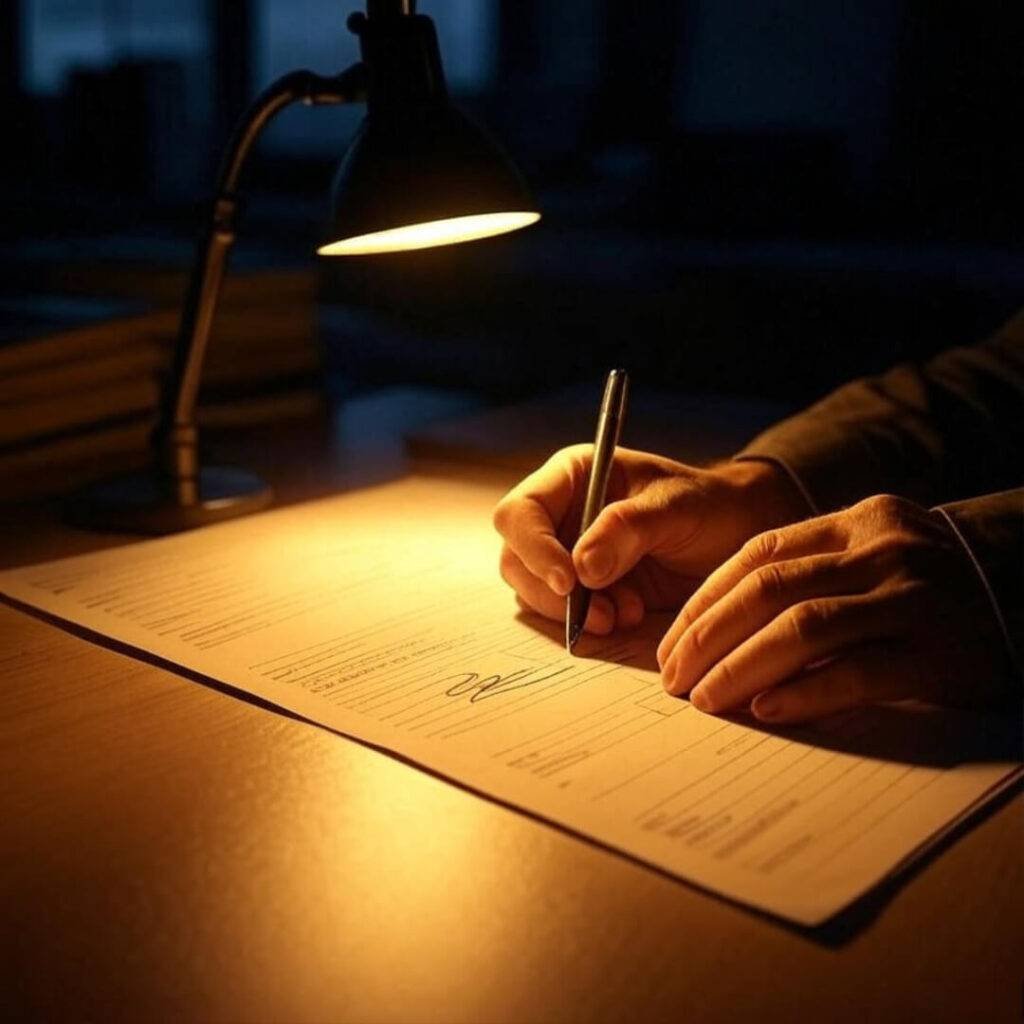 Hands signing a living will document in dim light, symbolizing hesitant but necessary choices.