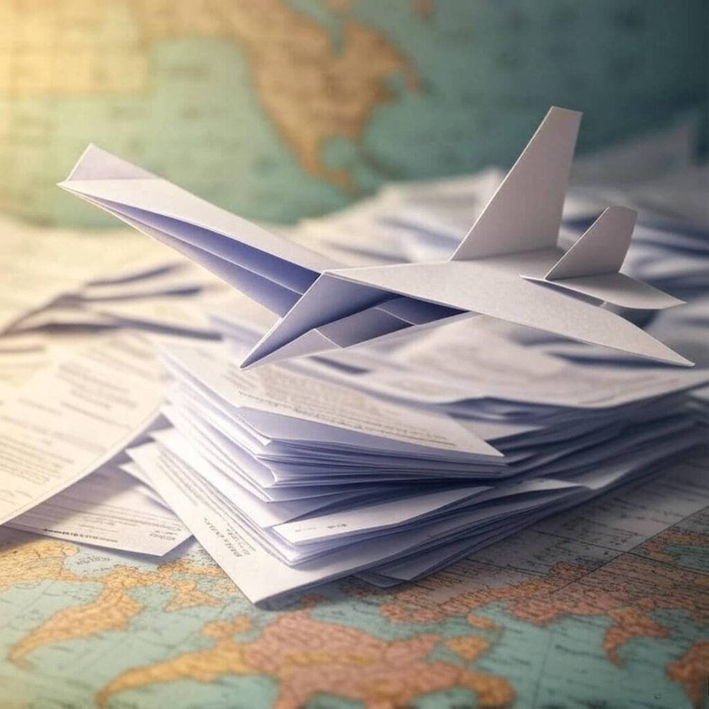 Whimsical paper airplane in immigration papers, faded US map.