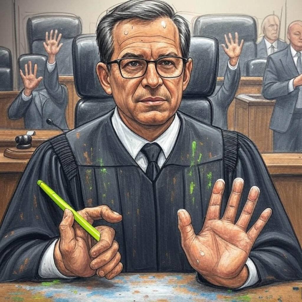 Smudged courtroom sketch, judge's face, neon green pencil.