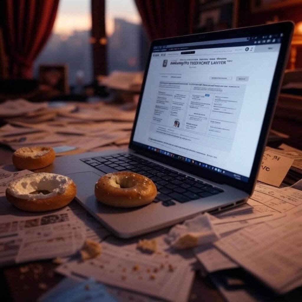 Messy desk with laptop, bagel, and "You’ll live" note.