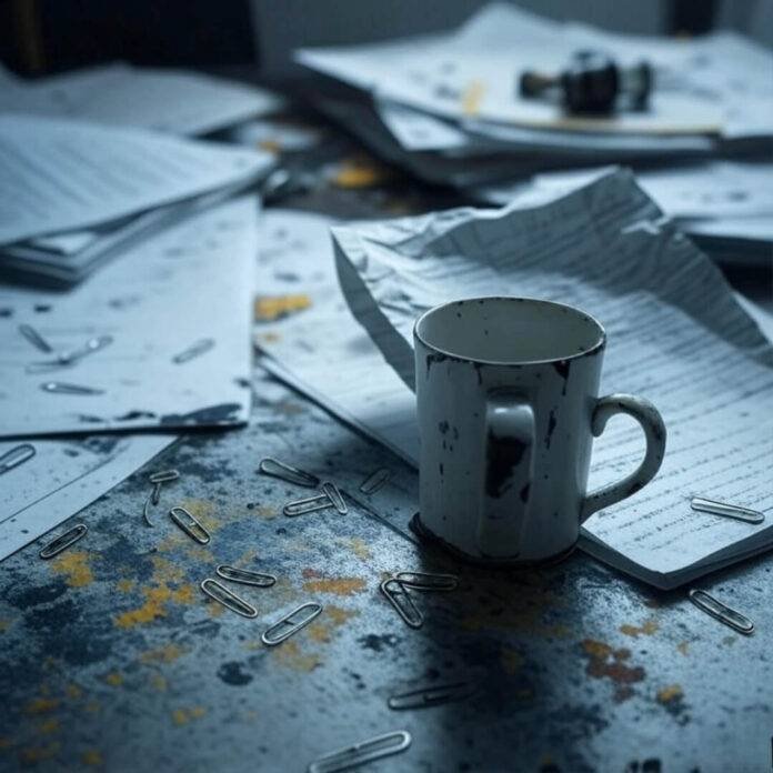 Blurry desk chaos with affidavit, mug, and gavel clips.