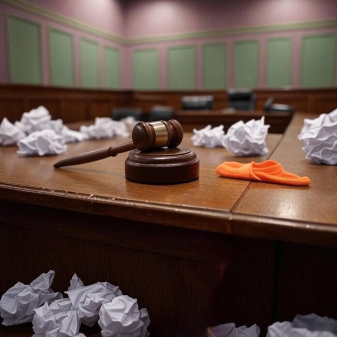 Cluttered courtroom desk, gavel, sock, wry humor.