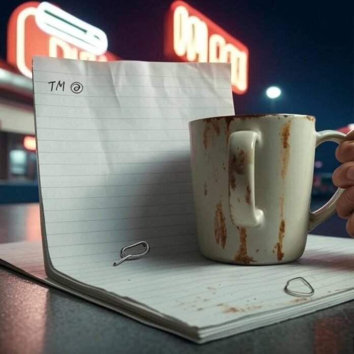 Me, freaking out over trademarks vs. copyrights in a sketchy diner.