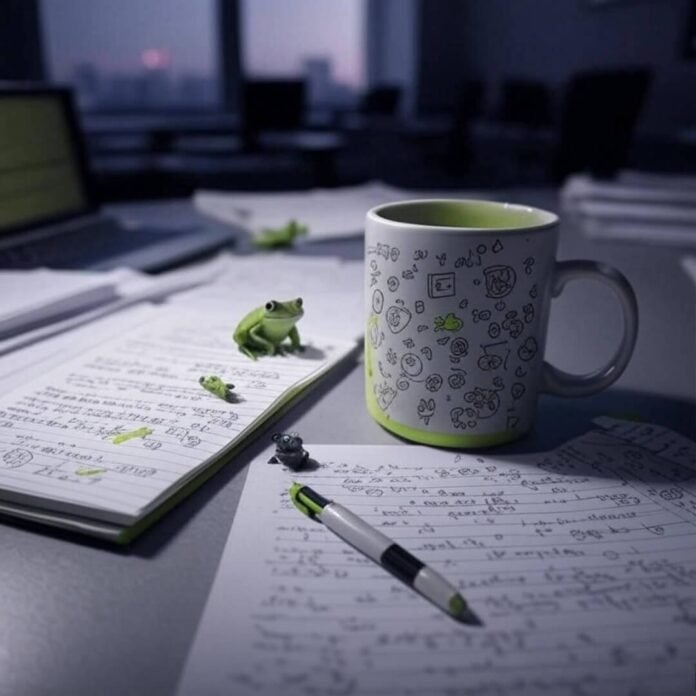Chaotic desk with teetering mug, doodles, and frog.
