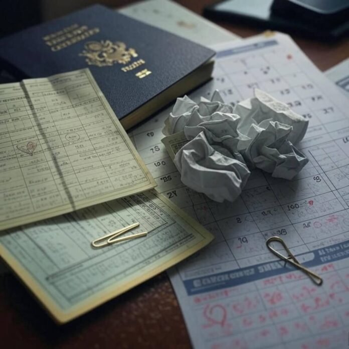 Crumpled certificate, passport, calendar, and USCIS form mess.