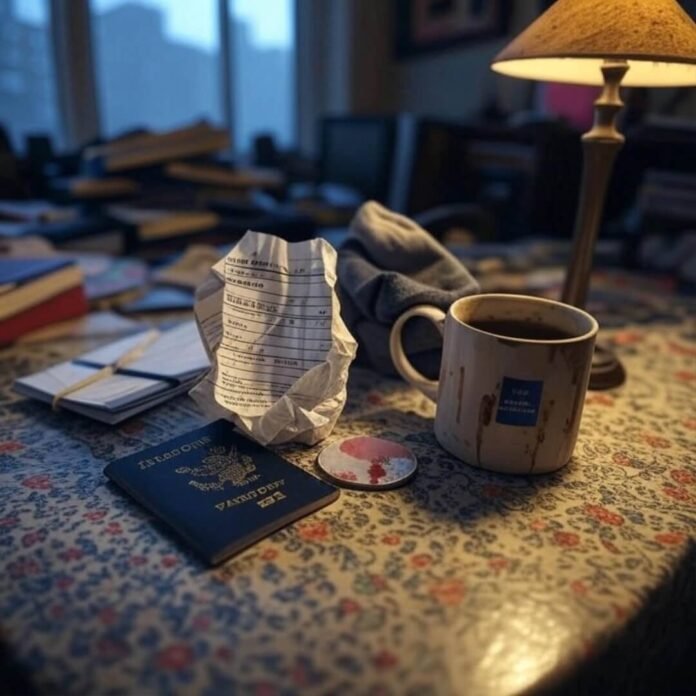 Cluttered desk with visa form, mug, and sock on lamp.