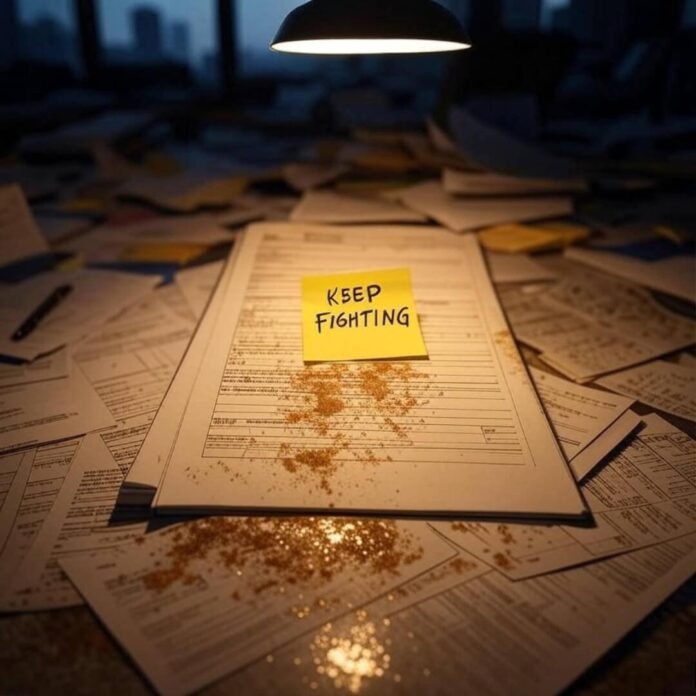 Messy desk with coffee-stained form and 