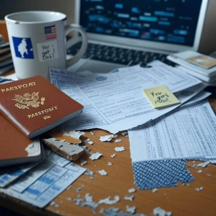 My desk during the U.S. work visa process—chaos central, but I’m hanging on!