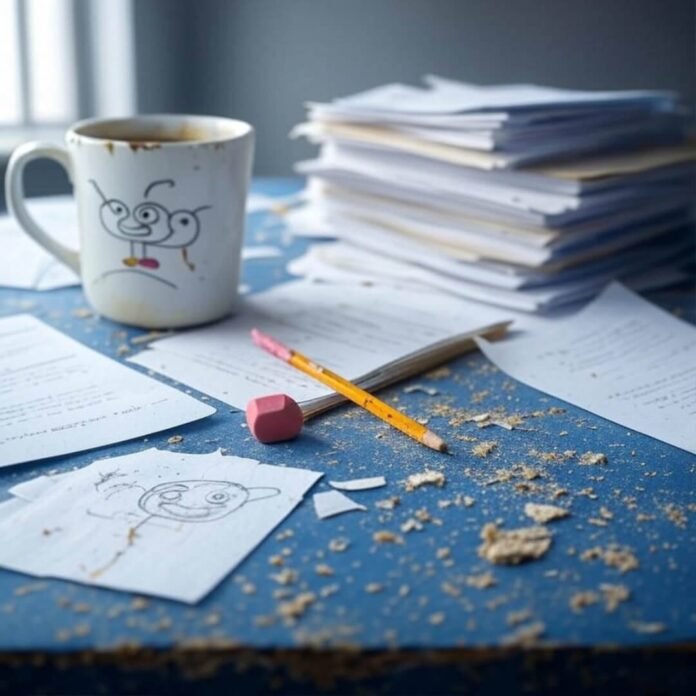 Blurry desk with papers, mug, drawing, pencil.