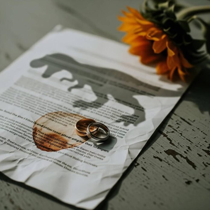 Crumpled legal document with rings, sunflower, and dinosaur shadow.