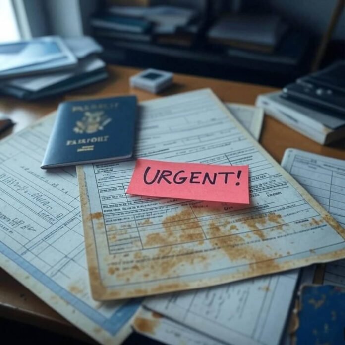 Blurry desk with coffee-stained visa, worn passport, and urgent note.