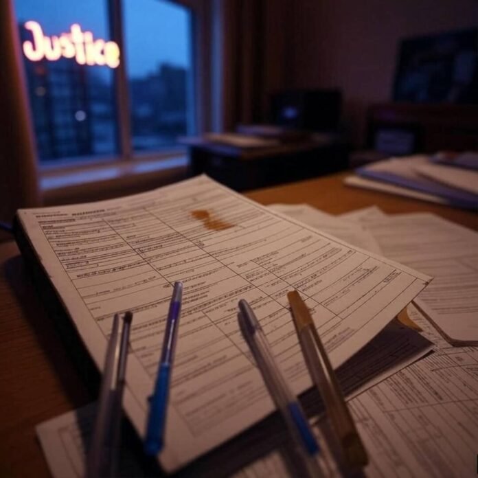 Messy desk, crumpled form, neon 