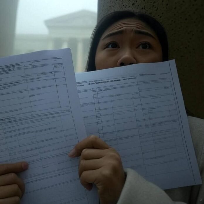 Shaky hand on restraining order form, courthouse ghosting in fog—hopeful but hazy.