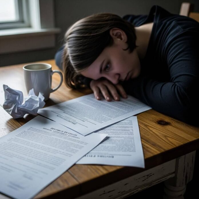 Woman hunched over divorce papers on a table.