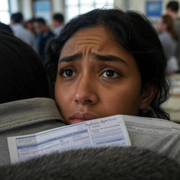 Blurry asylum forms peek in the tense office.