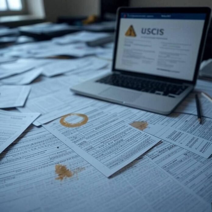 Chaotic desk with forms, coffee stain, broken pencil, and USCIS error.
