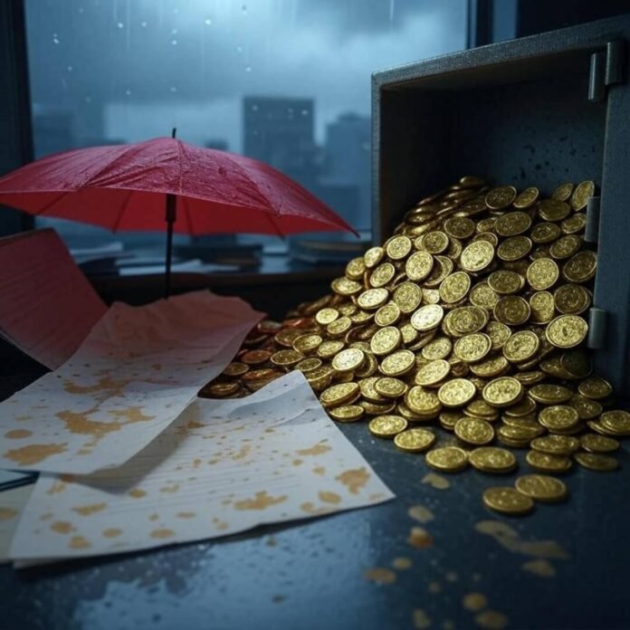 Blurry desk, coffee-stained paper, safe, red umbrella.